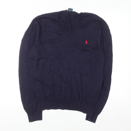 Ralph Lauren Men's Blue V-Neck Slim Fit Cotton Jumper M