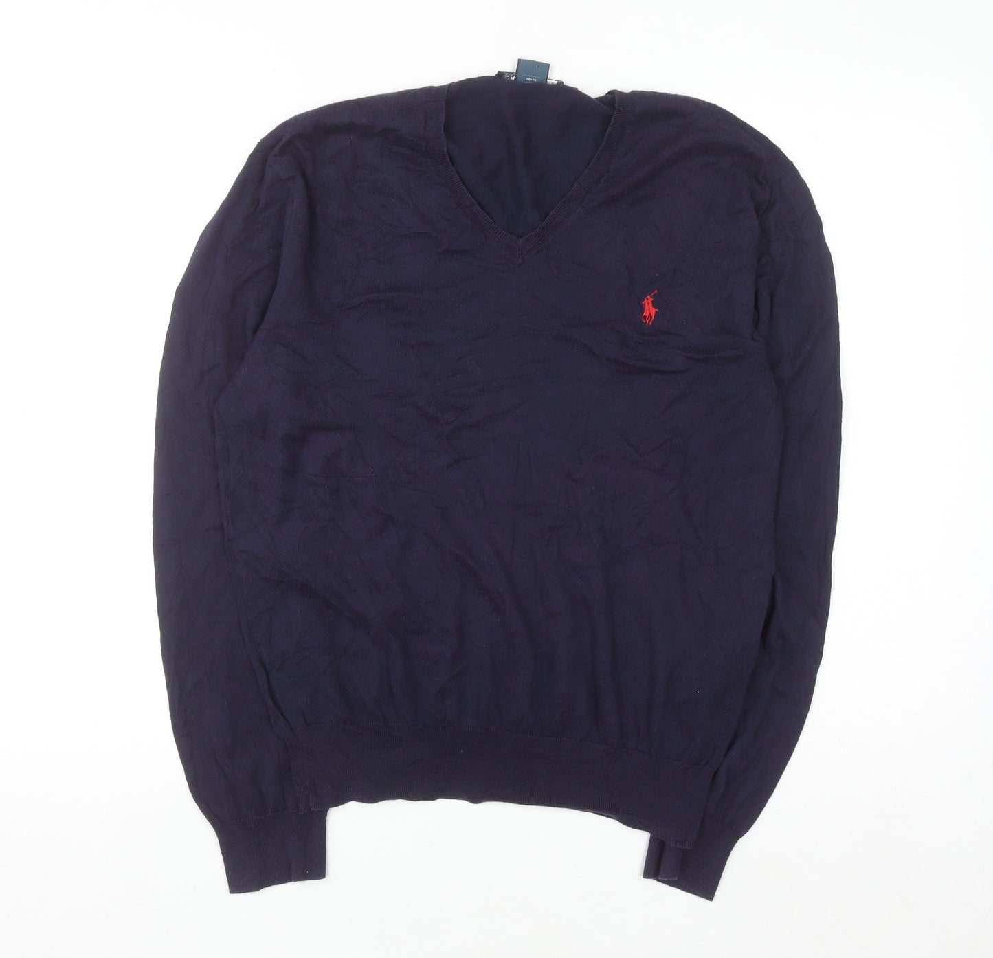Ralph Lauren Men's Blue V-Neck Slim Fit Cotton Jumper M