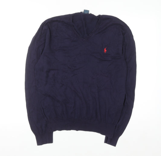 Ralph Lauren Men's Blue V-Neck Slim Fit Cotton Jumper M