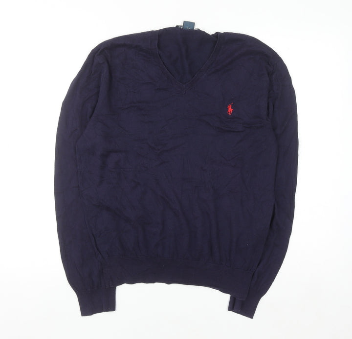 Ralph Lauren Men's Blue V-Neck Slim Fit Cotton Jumper M
