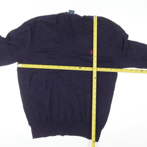 Ralph Lauren Men's Blue V-Neck Slim Fit Cotton Jumper M