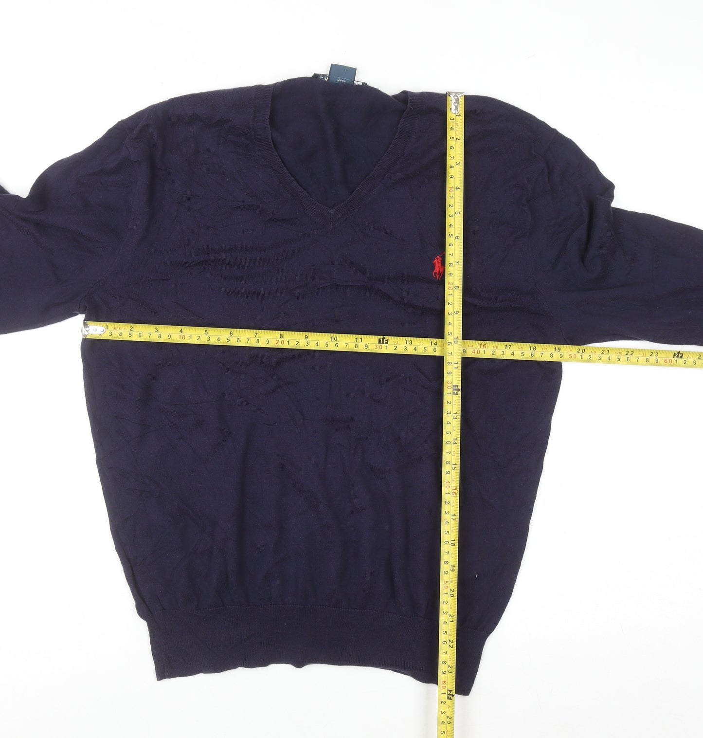 Ralph Lauren Men's Blue V-Neck Slim Fit Cotton Jumper M