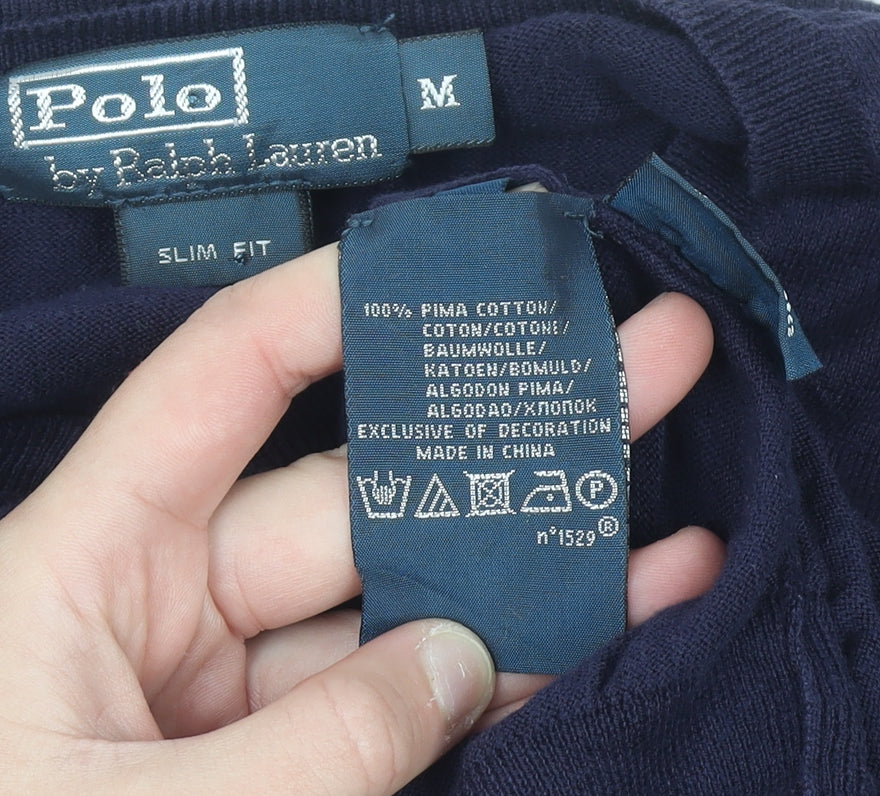 Ralph Lauren Men's Blue V-Neck Slim Fit Cotton Jumper M