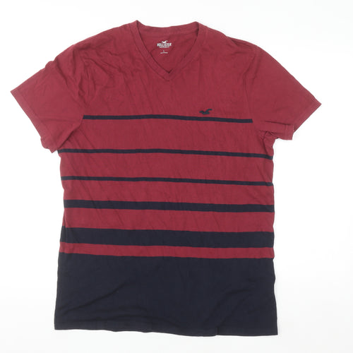 Hollister Men's Red and Navy Striped V-Neck T-Shirt L
