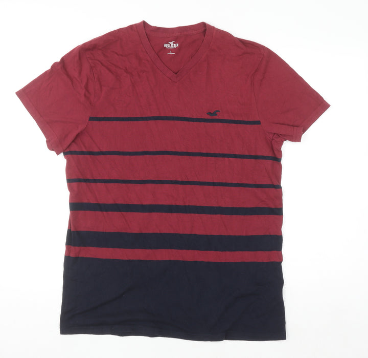 Hollister Men's Red and Navy Striped V-Neck T-Shirt L