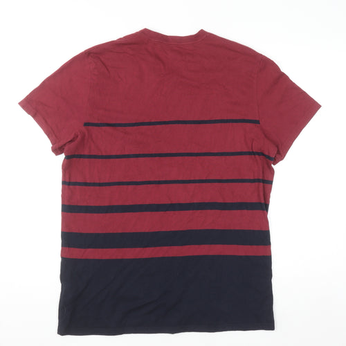 Hollister Men's Red and Navy Striped V-Neck T-Shirt L