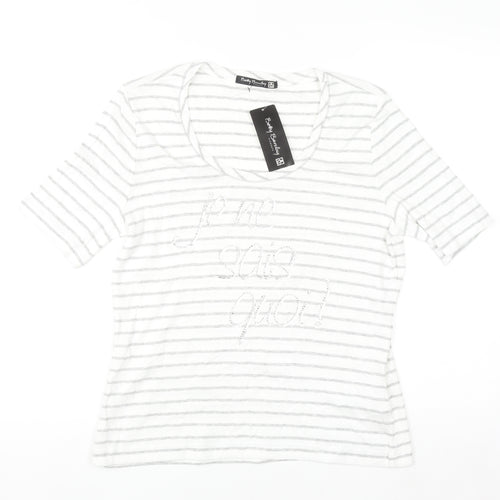 Betty Barclay Women’s Grey Striped Beaded Cotton T-Shirt Size 16