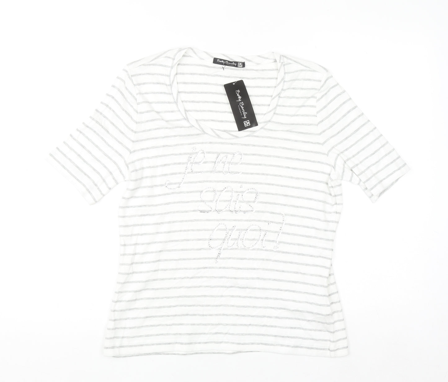Betty Barclay Women’s Grey Striped Beaded Cotton T-Shirt Size 16