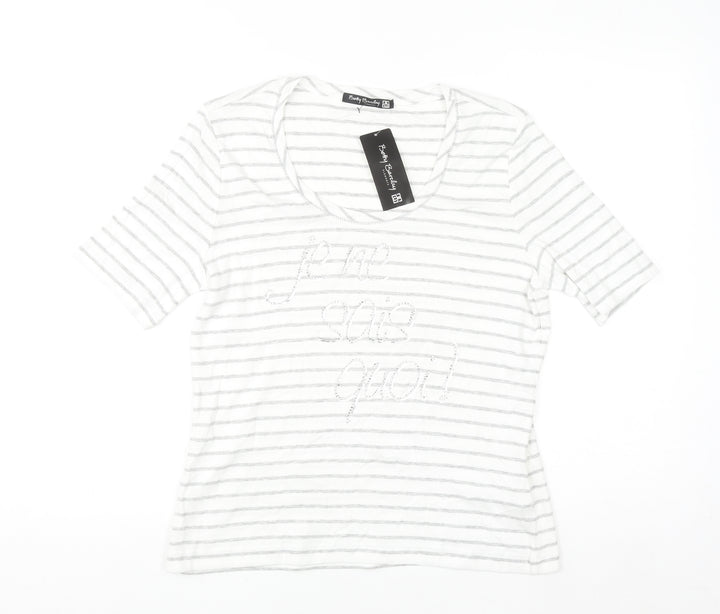 Betty Barclay Women’s Grey Striped Beaded Cotton T-Shirt Size 16