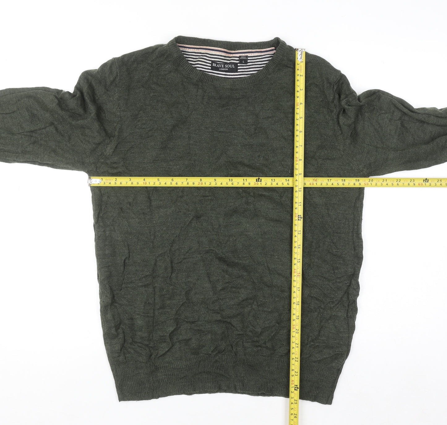 Brave Soul Men’s Green Crew Neck Pullover Jumper Size L