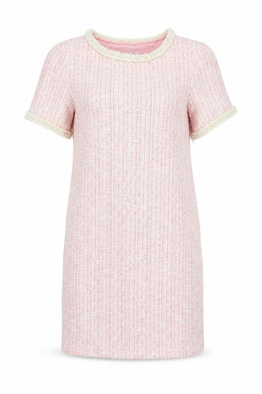 Front view of ORSAY Women's Pink Beaded Tweed Shift Dress, size S