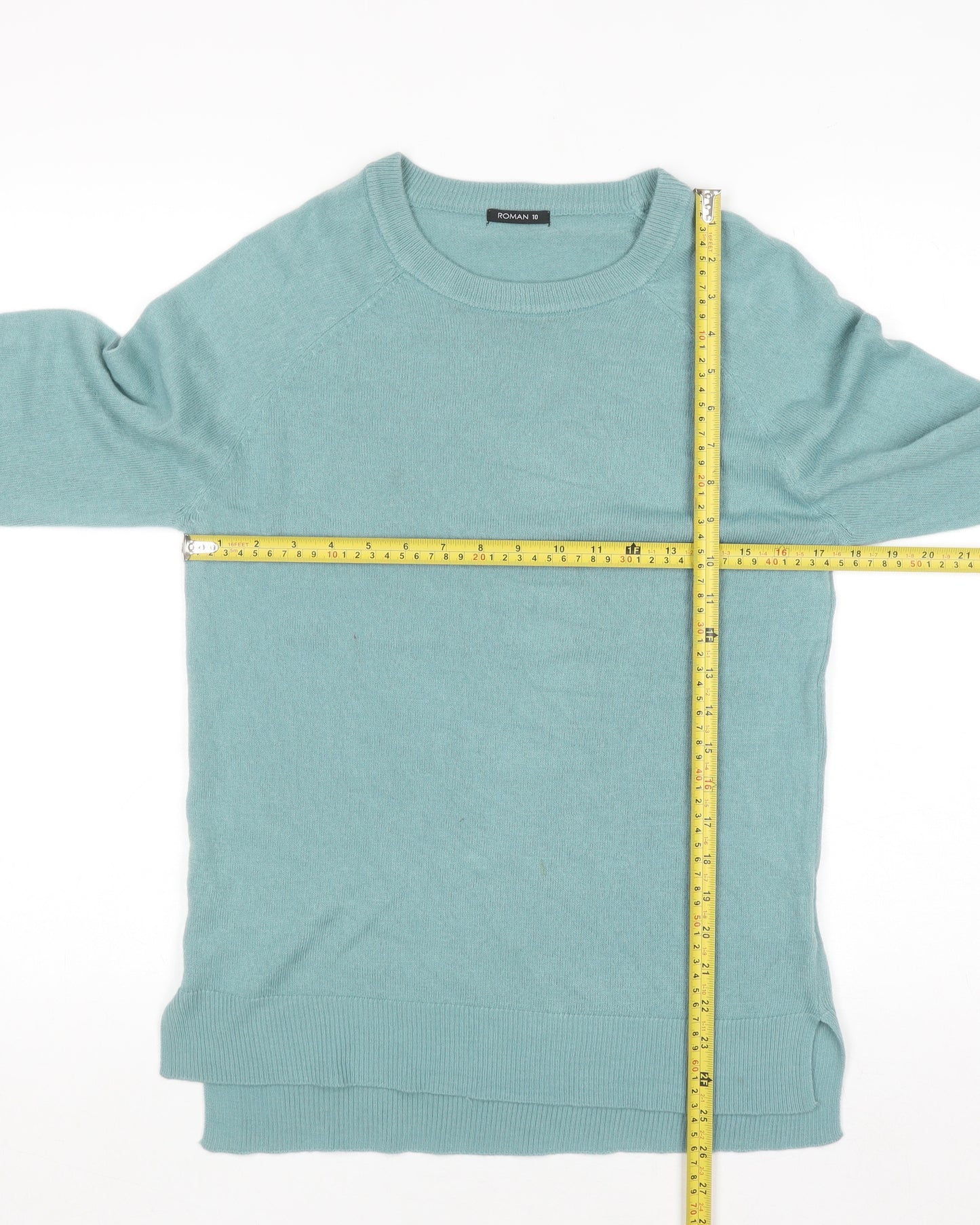 Roman Women Green Crew Neck Long Sleeve Acrylic Pullover Jumper Size 10