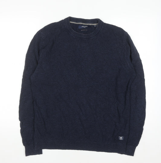 Jack & Jones Mens Blue XL Cotton Linen Crew Neck Jumper