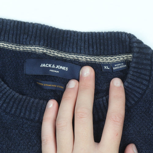 Jack & Jones Mens Blue XL Cotton Linen Crew Neck Jumper