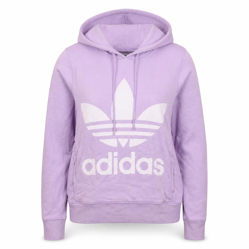 Front view of Adidas women’s lilac hooded pullover sweatshirt, size XS