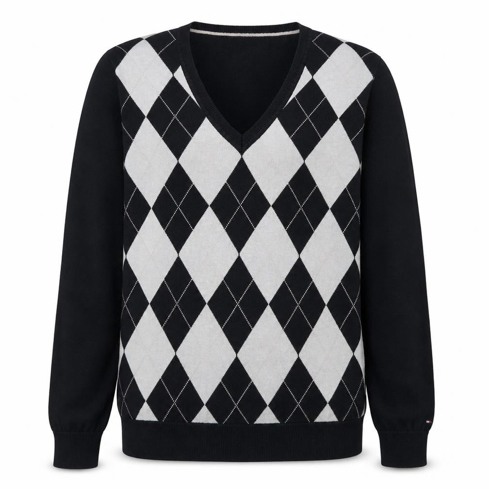 Front view of Tommy Hilfiger Men's Blue Argyle V-Neck Cotton Jumper M