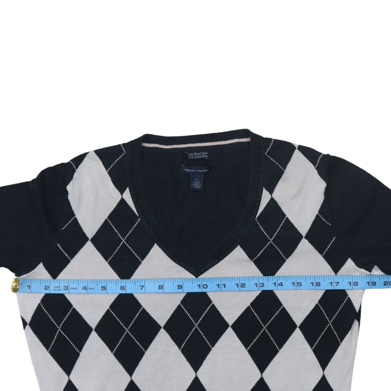 Tommy Hilfiger Men's Blue Argyle V-Neck Cotton Jumper M