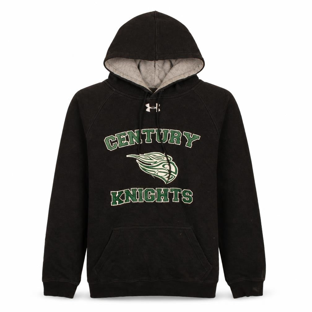 Front view of Under Armour men’s black loose fit pullover hoodie, size S, century print