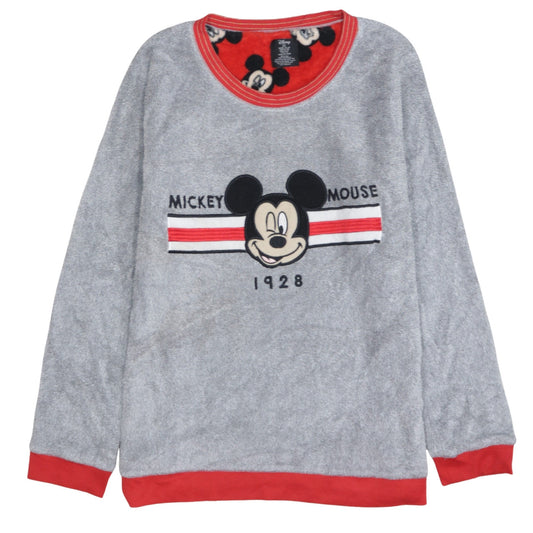 Disney Women Grey Mickey Mouse Fleece Pyjama Top L Long Sleeve Winter