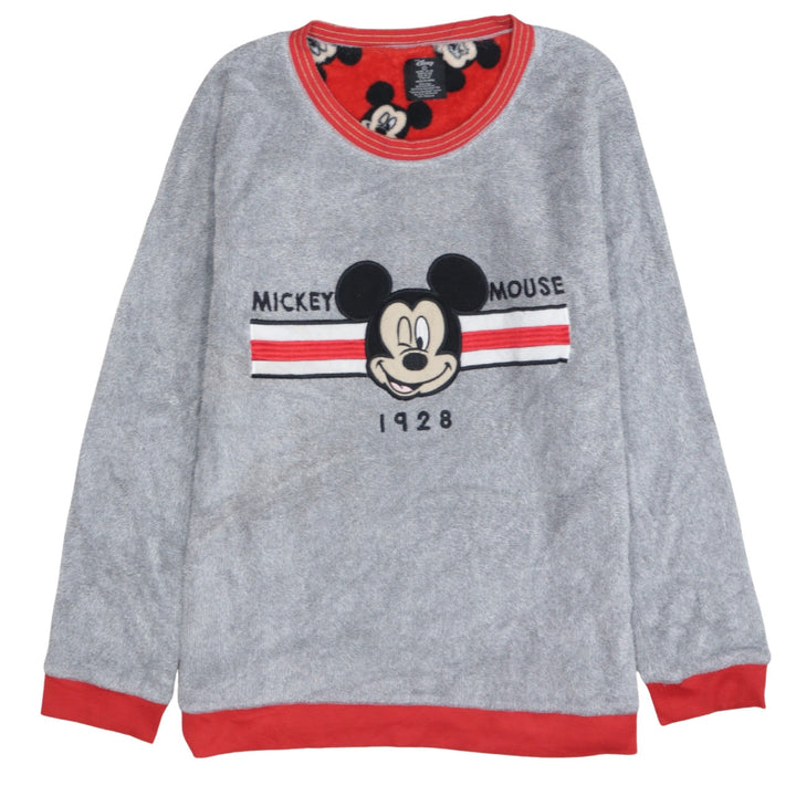 Disney Women Grey Mickey Mouse Fleece Pyjama Top L Long Sleeve Winter