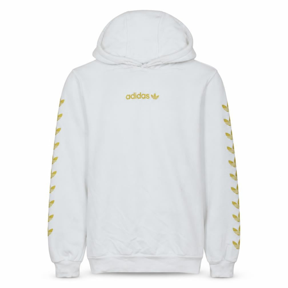 Front view of adidas Men's White Small Pullover Hoodie with Gold Logo