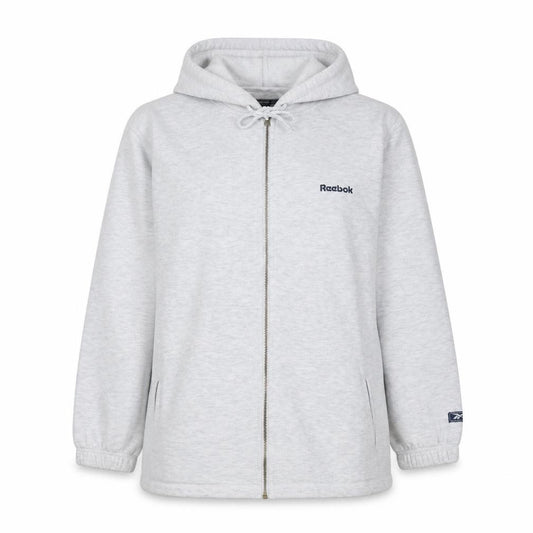Front view of Reebok women’s grey full zip hoodie, size UK 12, cotton essentials