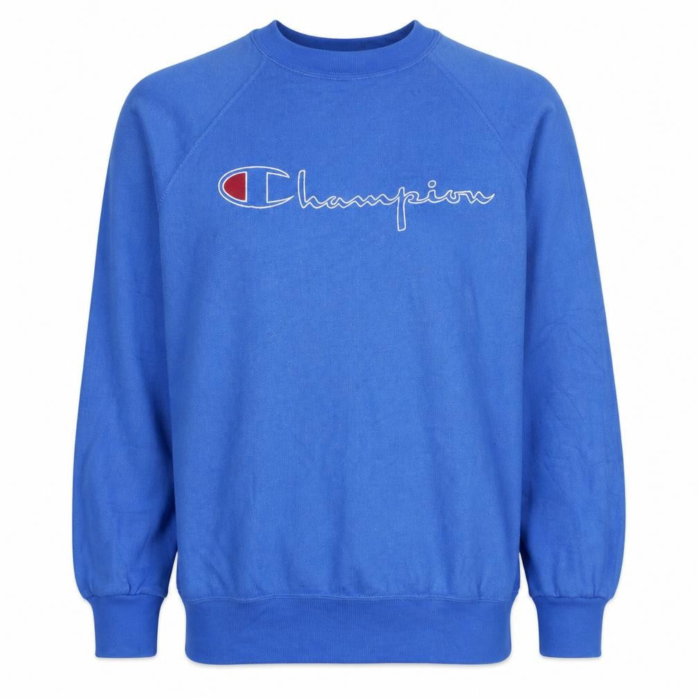 Front view of Champion Men's Blue Logo Crew Neck Pullover Sweatshirt, size L