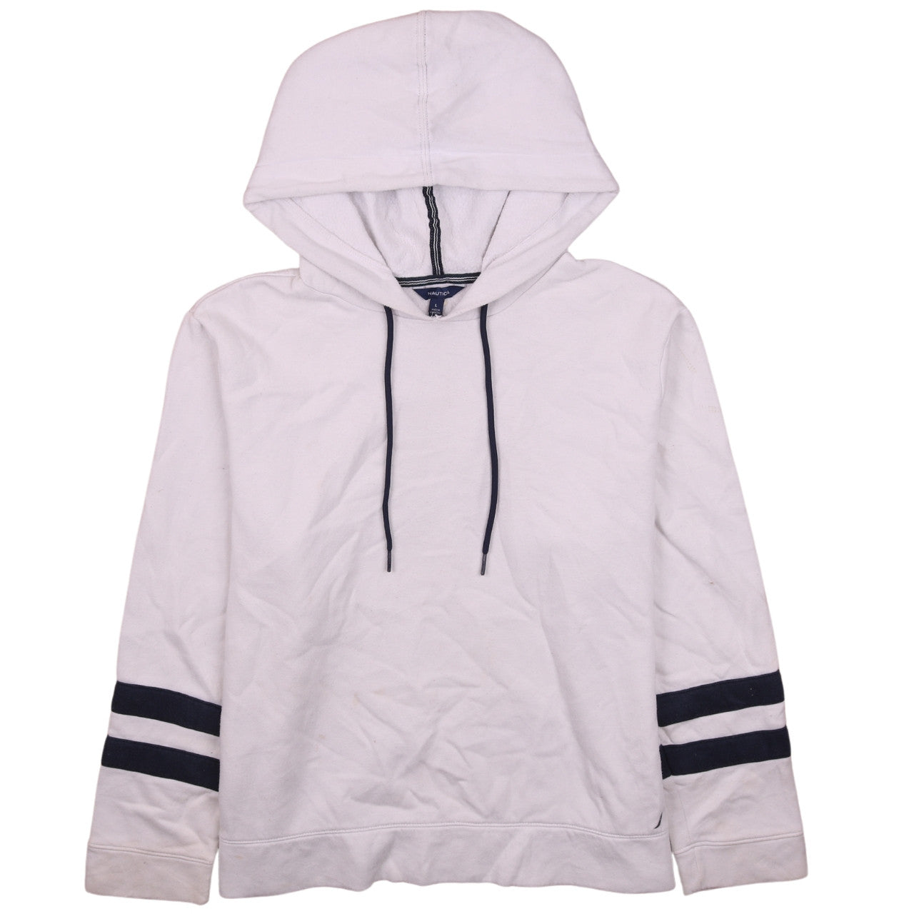 Nautica Men's White Pullover Hoodie L Stripe Sleeve Cotton Blend