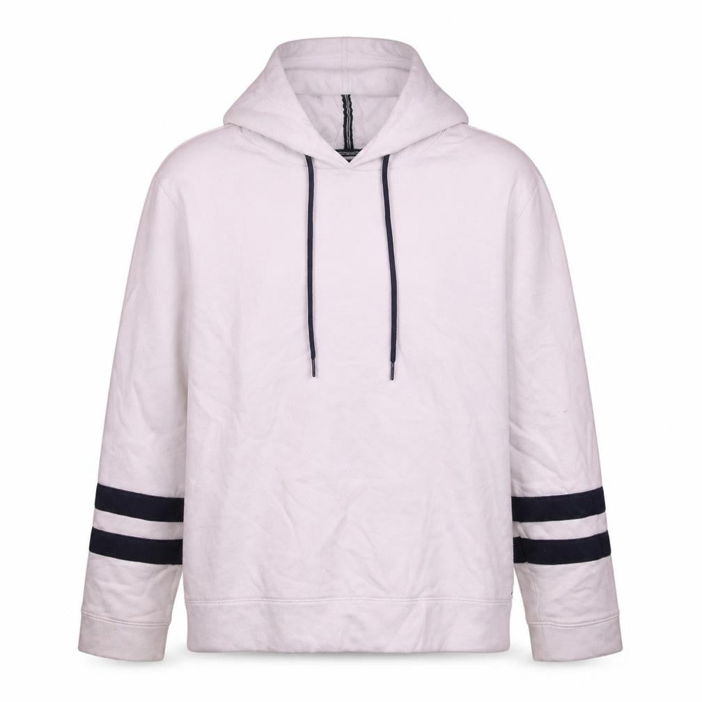 Front view of Nautica Men's White Pullover Hoodie L Stripe Sleeve Cotton Blend