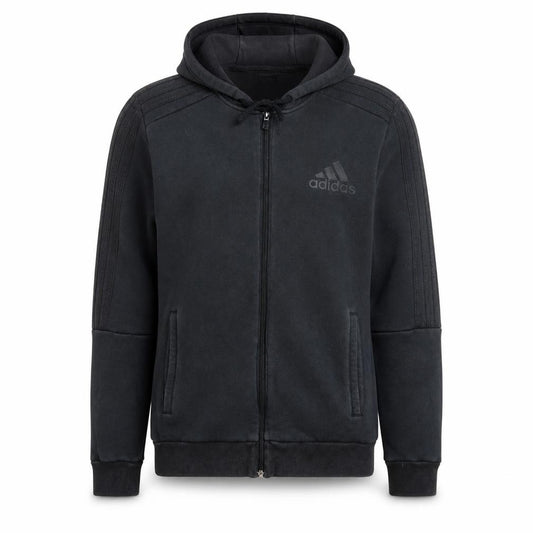 Front view of adidas Men's Black Full Zip Fleece Hoodie, size M