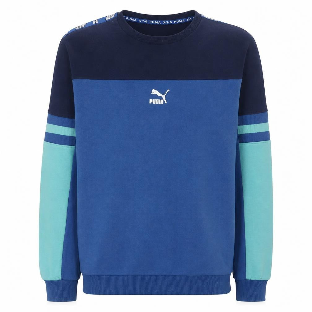 Front view of Puma boys’ blue colourblock crew neck sweatshirt 15-16 years