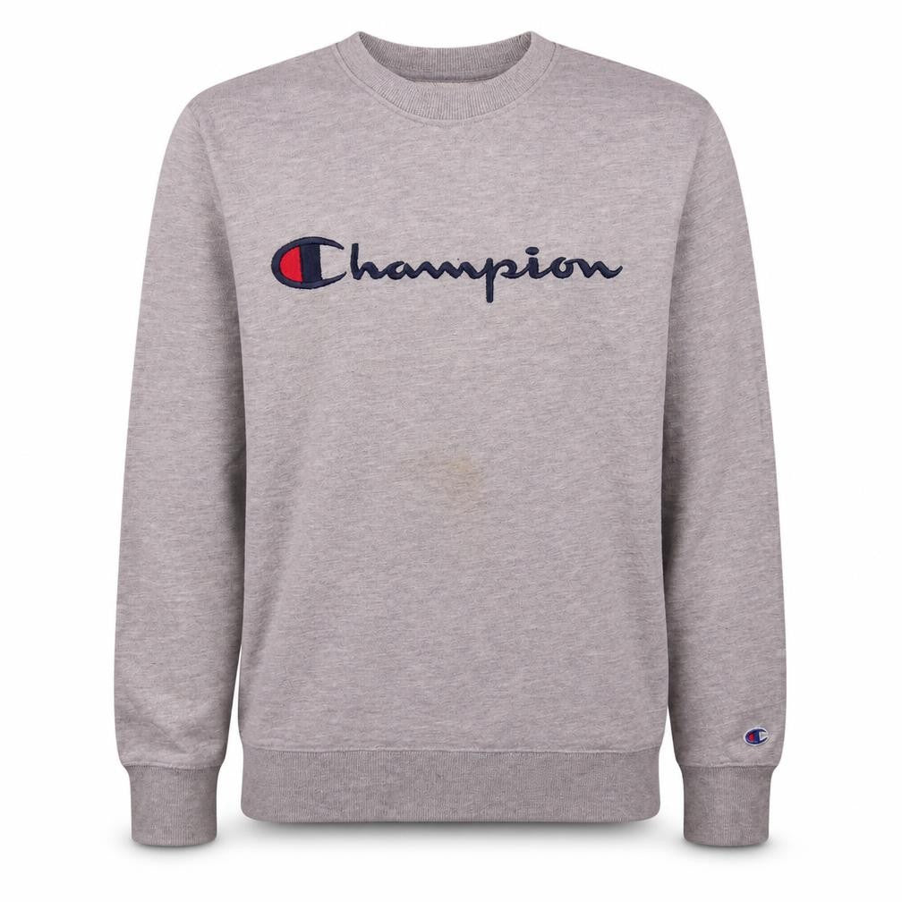 Front view of Champion Men's Grey Small Pullover Sweatshirt Embroidered Logo