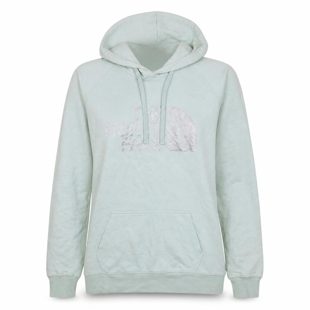 Front view of The North Face women’s light blue pullover hoodie, size S