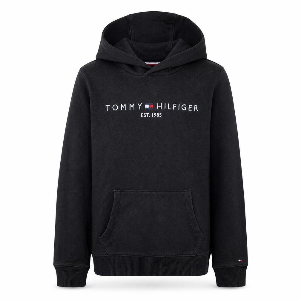 Front view of Tommy Hilfiger boys’ black pullover hoodie, size 14, cotton logo print