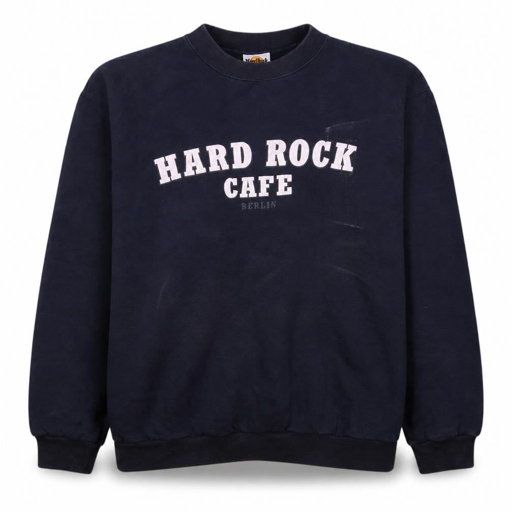 Front view of Hard Rock Cafe Berlin Blue men’s large pullover crew neck sweatshirt