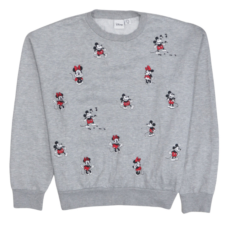 Disney Women's Grey Mickey & Minnie Embroidered Sweatshirt Size 10-12