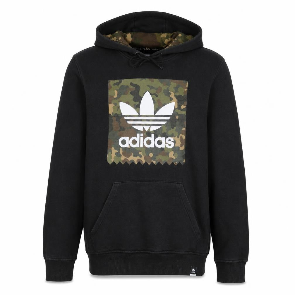 Front view of Adidas men’s black camouflage logo pullover hoodie, size S