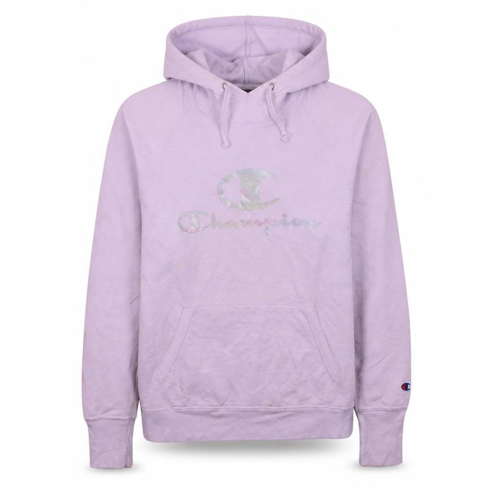 Front view of Champion women’s lilac pullover hoodie, size L, logo print cotton blend