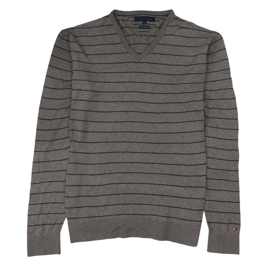 Tommy Hilfiger Men's Grey Striped V-Neck Cotton Cashmere Jumper XL