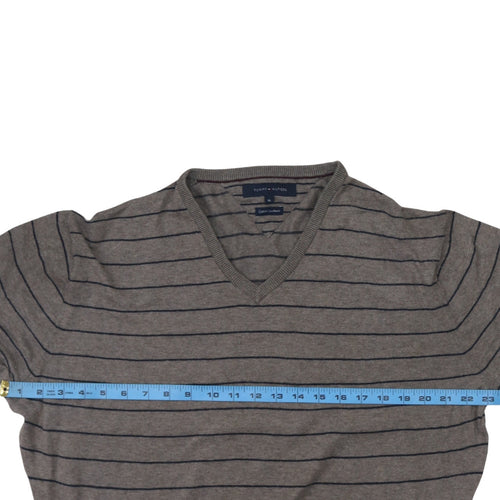 Tommy Hilfiger Men's Grey Striped V-Neck Cotton Cashmere Jumper XL