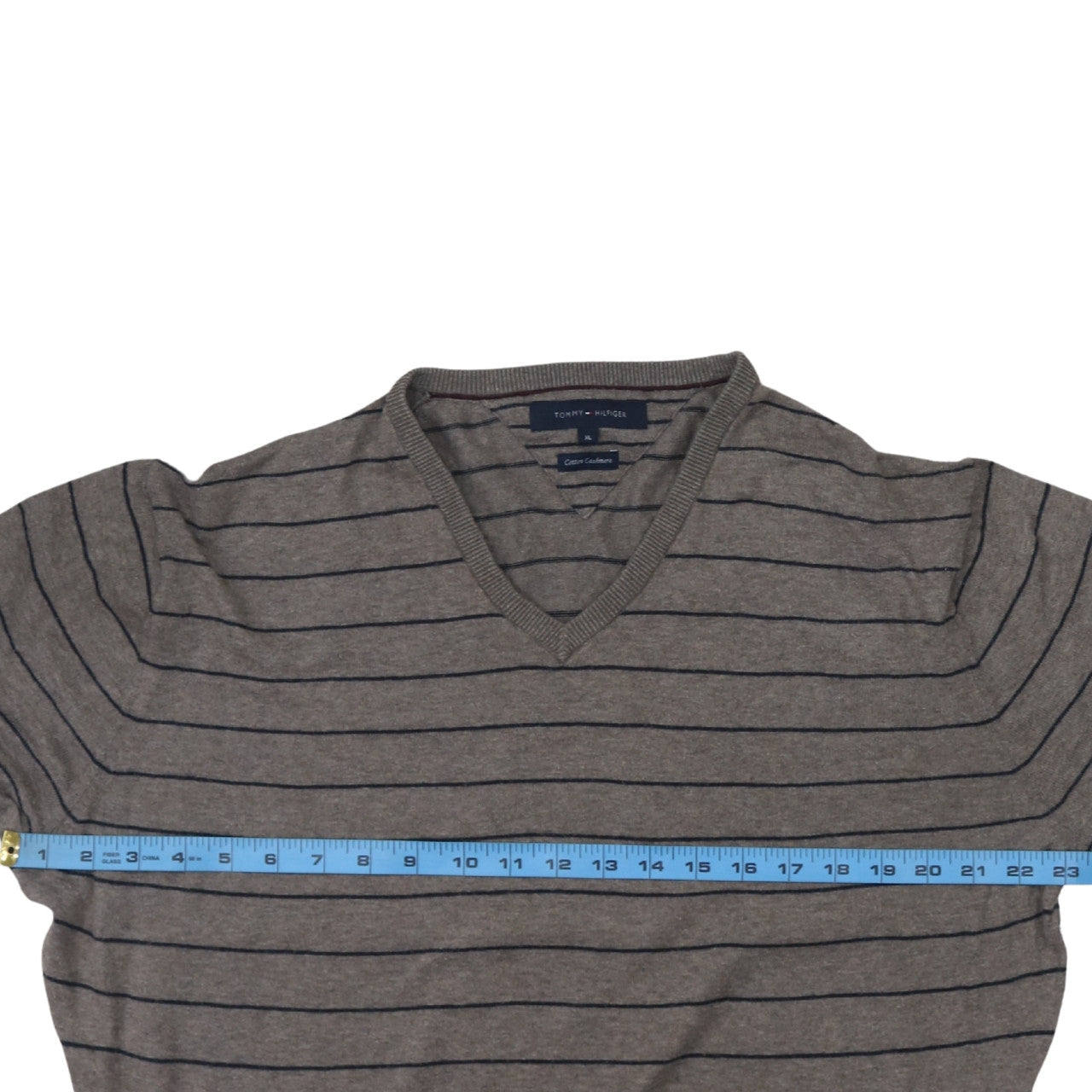 Tommy Hilfiger Men's Grey Striped V-Neck Cotton Cashmere Jumper XL
