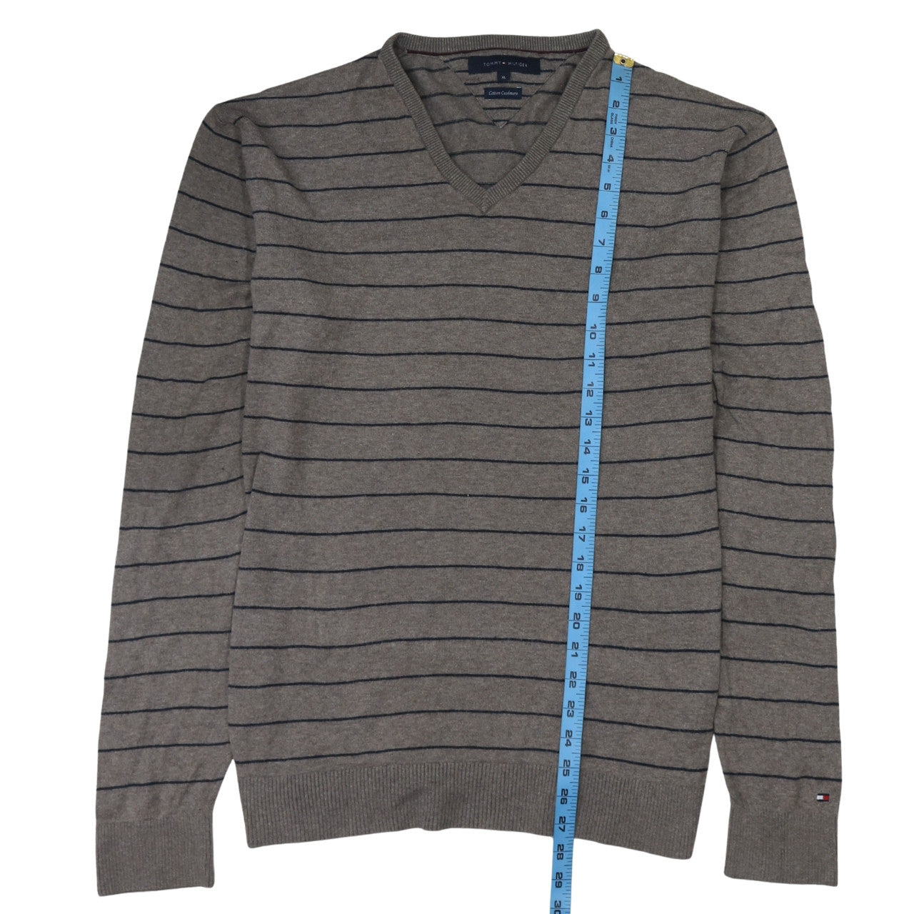 Tommy Hilfiger Men's Grey Striped V-Neck Cotton Cashmere Jumper XL