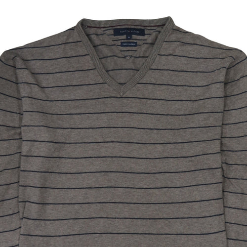 Tommy Hilfiger Men's Grey Striped V-Neck Cotton Cashmere Jumper XL