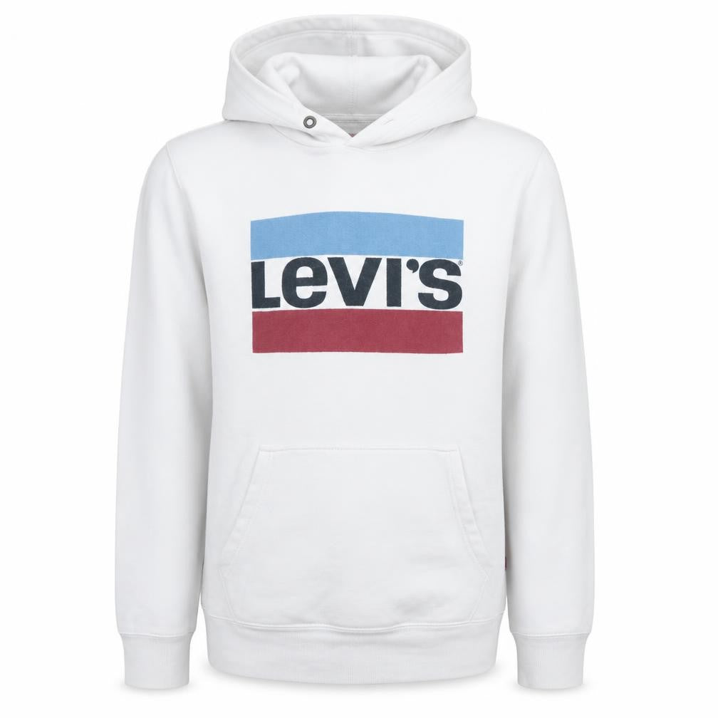 Front view of Levi's Men's White Small Pullover Hoodie with Logo Print