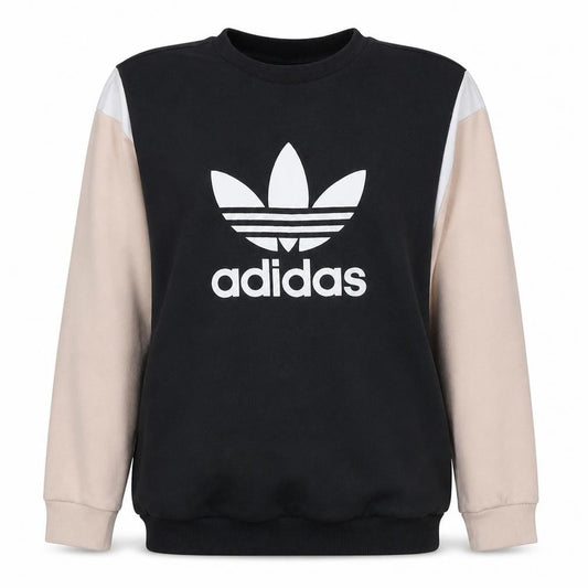 Front view of Adidas women’s black beige sweatshirt, size UK 10, crew neck logo pullover