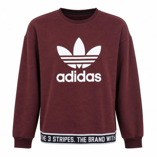 Front view of Adidas women’s burgundy crew neck long sleeve sweatshirt, size UK 10
