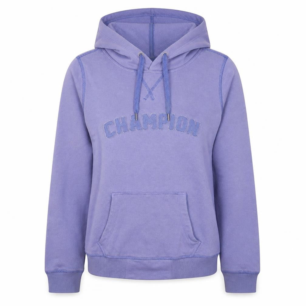 Front view of Champion women’s purple pullover hoodie, size M, heritage fit
