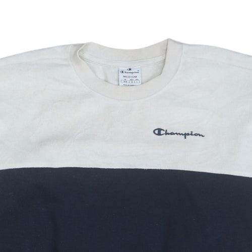 Champion Women's Beige and Navy Colourblock Crew Neck Sweatshirt Medium