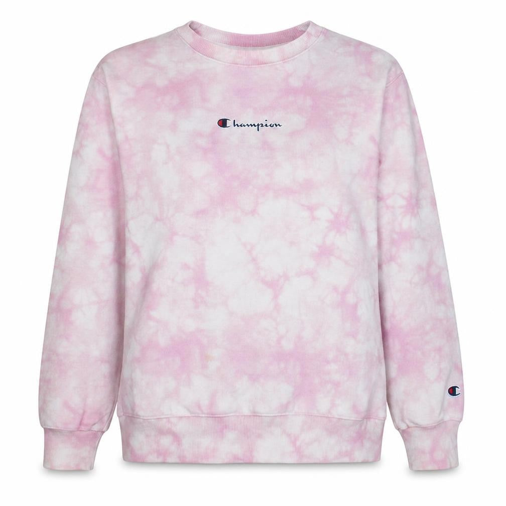 Front view of Champion Women Pink Tie Dye Pullover Sweatshirt, size L, Cotton Blend