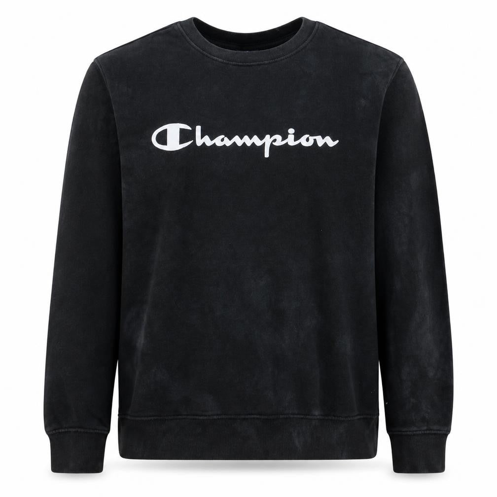 Front view of Champion Men's Black Medium Pullover Crew Neck Logo Sweatshirt